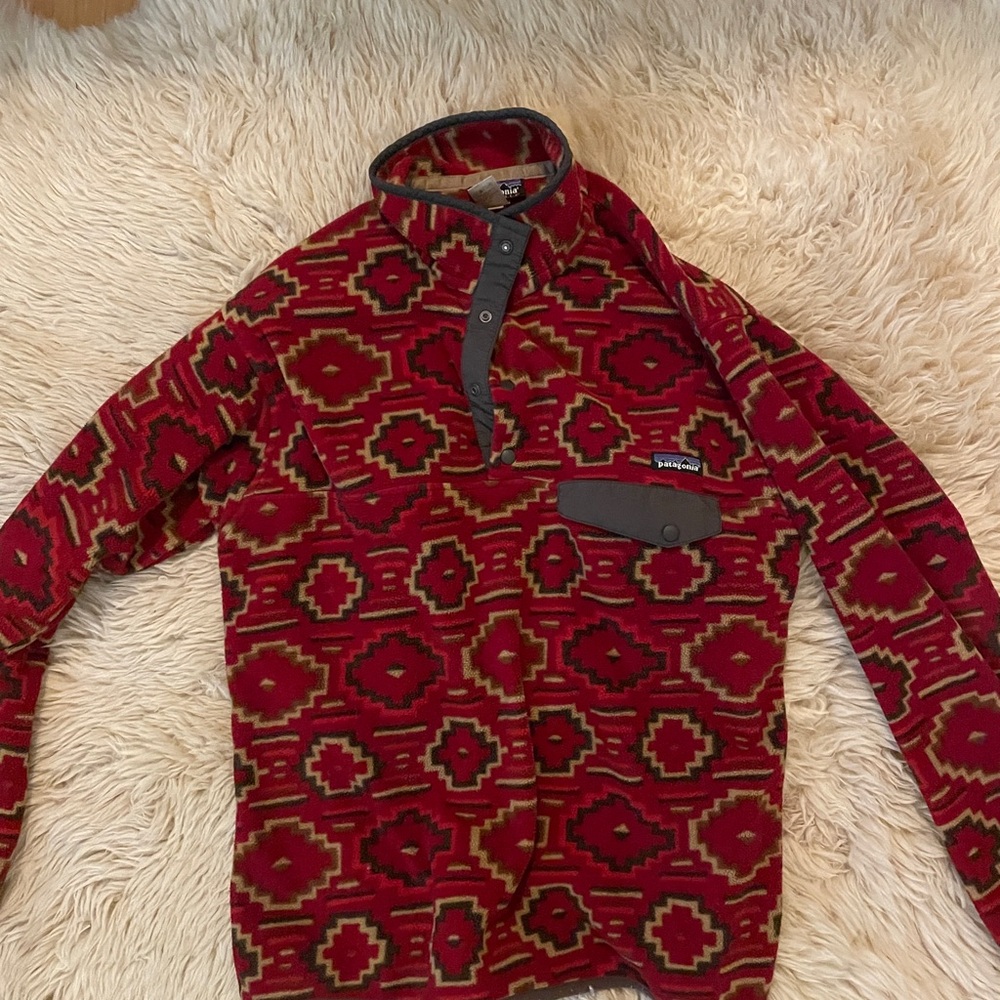 Patagonia Men's Red and Brown Geometric Zip-Up Sweater